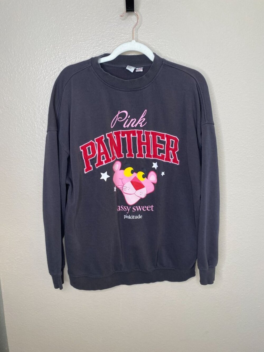 Pink Panther Womens Graphic Sweatshirt Small Black Crewneck Long Sleeve Cotton